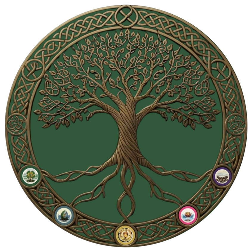 The BeyondGroundwork seal: a gold Celtic tree of life, roots and branches interwoven, set on a deep forest-green field inside a braided knotwork ring. Five full-color Mark medallions are inset around the lower arc in journey order — Clover, Stone, Acorn, Lotus, Butterfly.